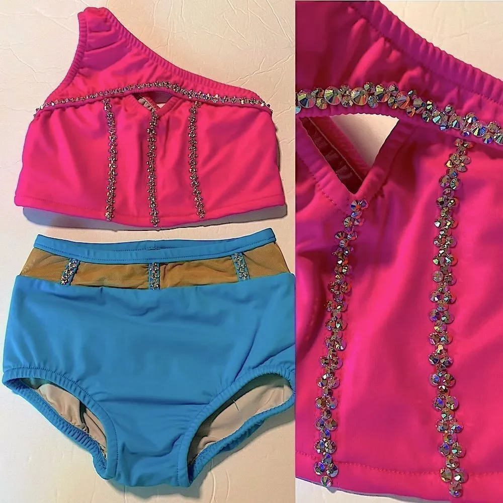 Custom made solo dance costume hot pink neon rhinestone 2 piece illusion 10